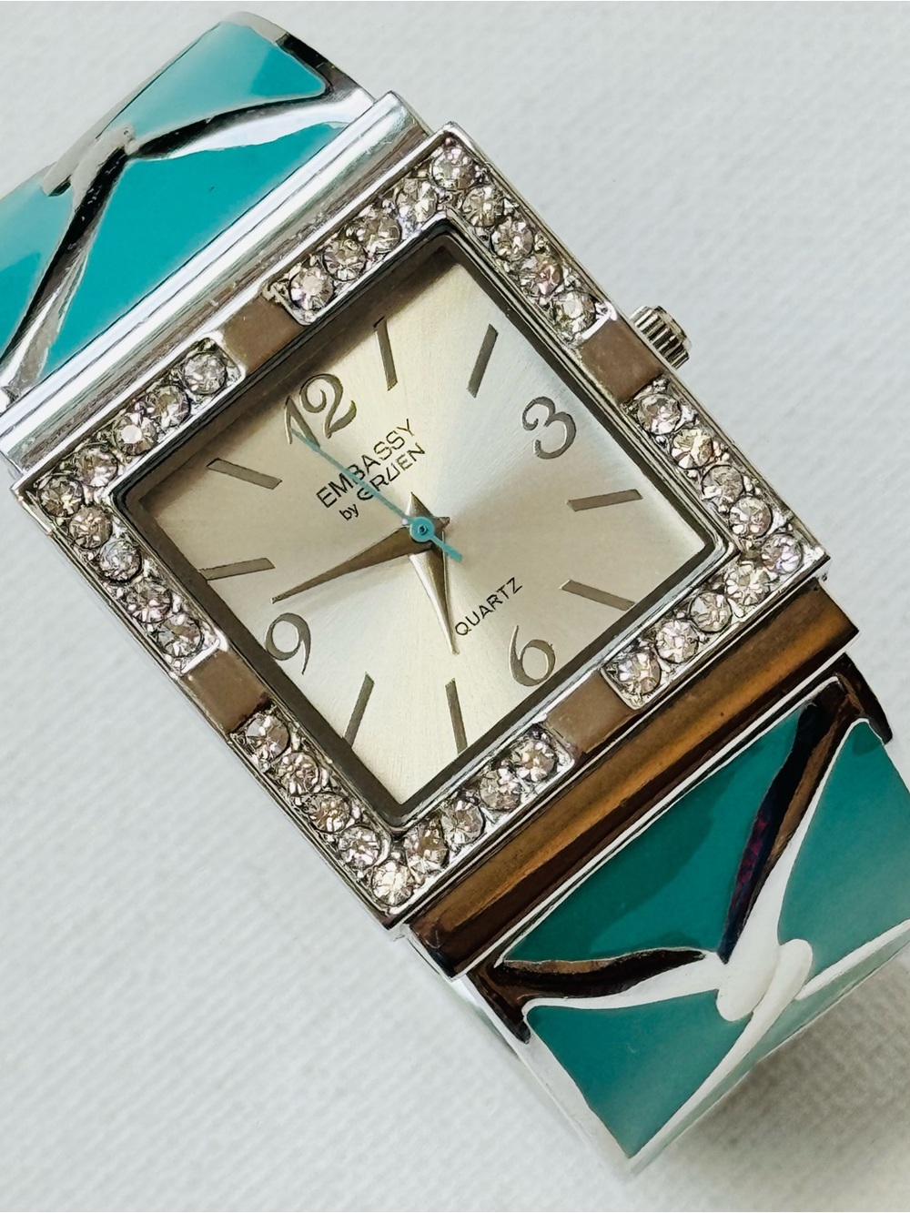 Embassy by Gruen Women's Silver Cuff Bracelet Watch Crystals Turquoise GEM3561L